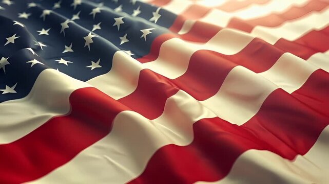 A closeup of the American flag, showcasing its vibrant red and white stripes and blue field with white stars. The flags fabric appears to be waving, creating a sense of movement and patriotism.
