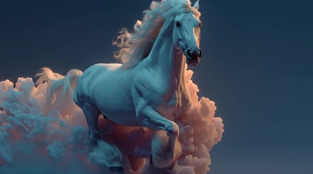 Fantasy animation of a powerful white horse emerging from clouds. A majestic stallion with a flowing mane gallops in a dreamlike scene. Mythological creature concept