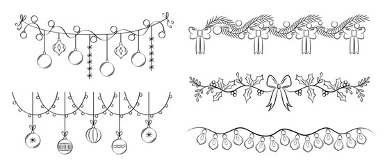 Christmas Garland Doodle Set — Hand Drawn Festive Lights and Holiday Decorations on White Background