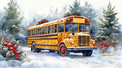 A festive Christmas card featuring a red school bus in a winter forest.