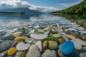 Colorful sea glass and pebbles on tranquil lake shore with mountains