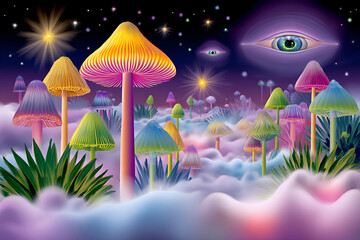 Surreal dreamscape with vibrant psychedelic mushrooms and cosmic eye