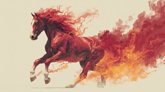 An animated illustration of a powerful horse made of fire running. Mythical red stallion with a flaming mane galloping on a white background. Fantasy concept of energy and speed