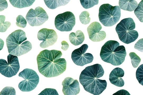 Collection of green and white nasturtium leaves isolated on transparent background. Nasturtium leaves isolated on white background.
