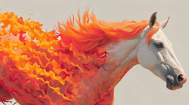 A majestic white horse with a mane of fire and flames. Abstract digital art animation of a mythical creature. Concept of power, energy, and passion