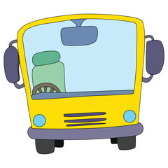 Yellow school bus stands on white background