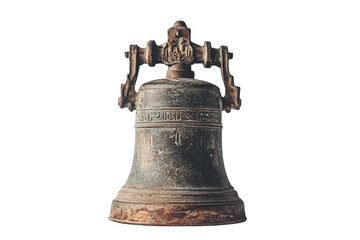 Fototapeta premium Antique ornate bronze bell with intricate carvings isolated on transparent background. Old bell isolated on white background.