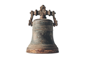 Antique ornate bronze bell with intricate carvings isolated on transparent background. Old bell isolated on white background.