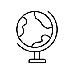 A black and white line drawing depicts a globe on a stand The globe shows landmasses and the stand is a short rectangular base with a vertical support