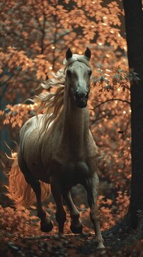 horse, running, forest, autumn, animal, wild, power, nature, freedom, majestic, stallion, golden, mane, animation, equine, galloping, woods, fall, leaves, trees, motion, strength, beauty, mammal, unta