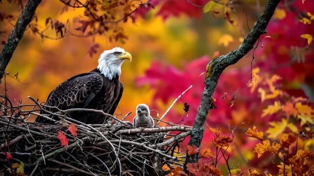 A vivid portrayal of a bald eagle and its chick in a nest amidst a backdrop of autumnal foliage. The eagles wings are spread wide.