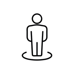 A black and white line icon of a person standing on a curved base The person is represented by a circle for a head and a rectangular body with two arms and two legs