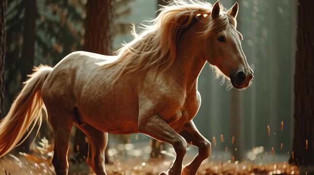 A wild horse with a flowing mane running through an autumn forest. Cinematic animation of a powerful stallion in golden backlight. Freedom and untamed nature concept