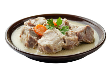 Hearty beef stew with creamy sauce and garnish isolated on transparent background. Plate of blanquette de veau isolated on white background.