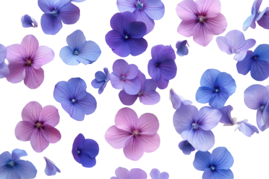 Scattered purple and blue hydrangea petals isolated on transparent background. Periwinkle flowers isolated on white background.