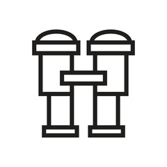 A black and white minimalist line drawing of binoculars composed of simple geometric shapes