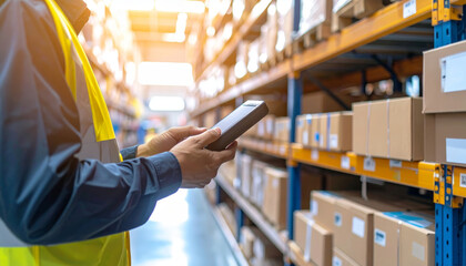 Warehouse worker barcode scanner inventory control logistics efficiency calm focus