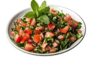 Hearty beef salad with fresh vegetables and herbs isolated on transparent background. Plate of salade fattouche mint sumac isolated on white background.