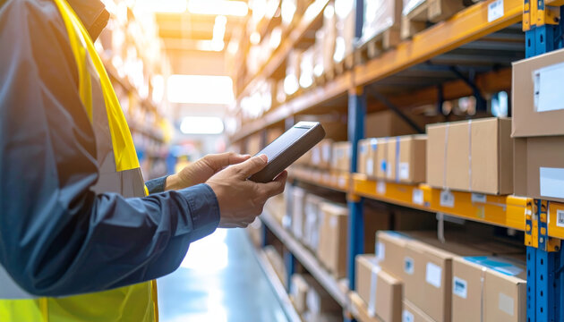 Warehouse worker barcode scanner inventory control logistics efficiency calm focus