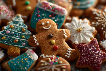 Assortment of festive christmas gingerbread cookies isolated on transparent background
