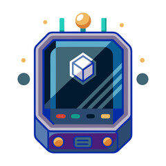 Retro futuristic device showcasing a 3D cube, perfect for tech concepts or design projects, blending vintage charm with modern digital innovation