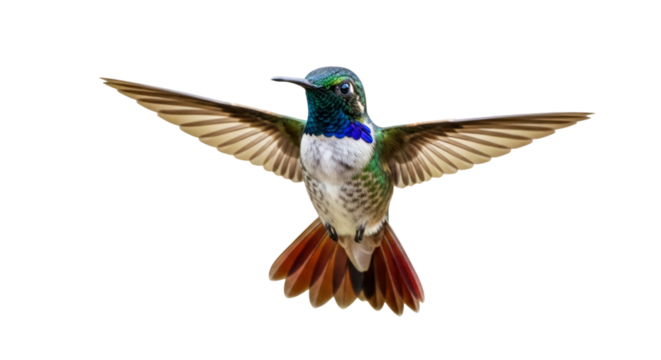 Hummingbird with iridescent green and blue feathers isolated on a transparent background flying