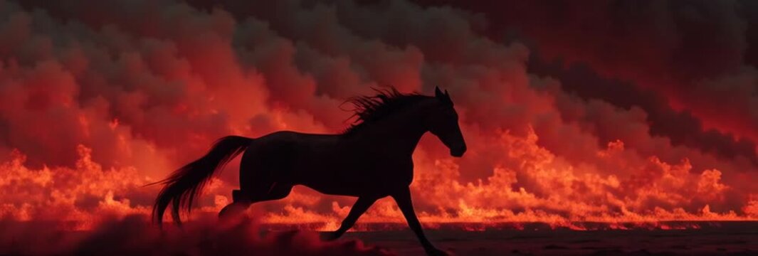 A horse silhouette running through a wall of fire. Vertical video of a dramatic and apocalyptic scene. Power, danger, and survival concept animation