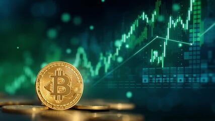 Bitcoin coin stacked on financial graph background, camera zooms in on cryptocurrency details - Powered by Adobe