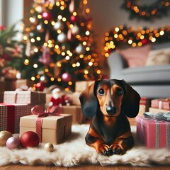 Ein Dackel sitzt freudig vor dem Christbaum
