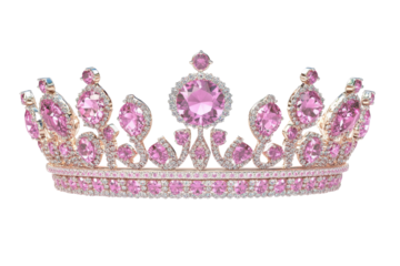 Elegant pink crystal crown with sparkling gems isolated on transparent background. Princess crown with pink diamonds isolated on white background.