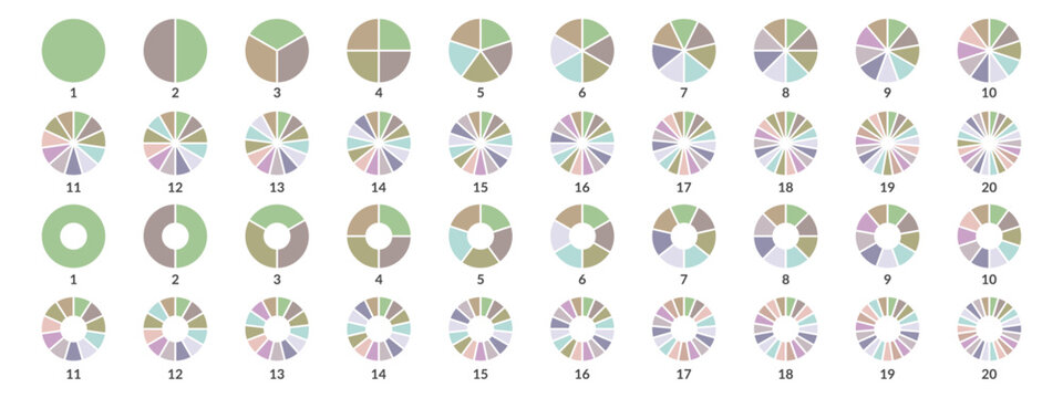 Circle pie chart diagram. Pie chart color icons. Colorful diagram collection with 1, 2, 3, 4, 5, 6, 7, 8, 9, 10, 11, 12, 13, 14, 15, 16, 17, 18, 19, 20 segment infographic pie chart icons