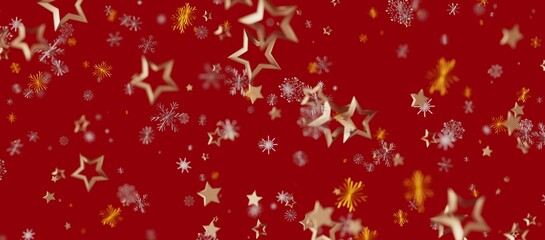 Christmas background with golden stars, snowflakes on a red background. Ideal for holiday designs, greeting cards, or festive promoti