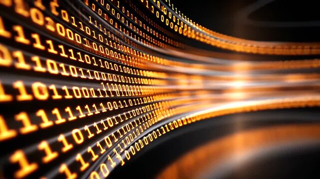 Glowing binary code streams. Numbers form ribbons against black. Orange, blurred, flowing light