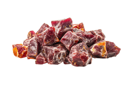 Pile of raw beef cubes isolated on transparent background. Raw beef chunks isolated on white background.