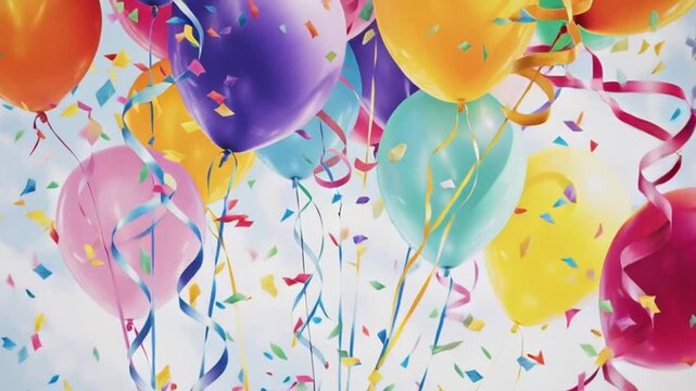 colorful balloons and confetti on white background