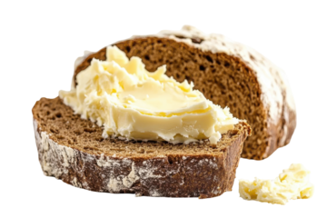 Slices of rustic bread with butter isolated on transparent background. Rye bread with butter spread on top isolated on white background.