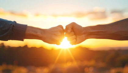 Fist bump teamwork connection unity support partnership success sunrise friendship motivation Two hands meet fist bump sunrise, symbol of unity, teamwork, support, and shared success with warm