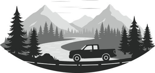 Scenic pickup truck icon vector—grayscale mountain landscape with river, forest, and road for nature, travel, and adventure visuals