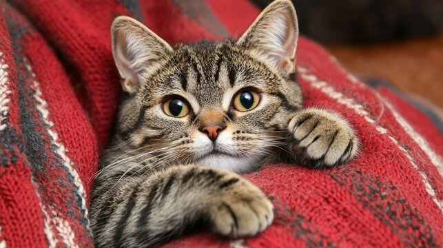 Cozy tabby cat nestled in soft red knitted blanket, peering with wide curious eyes and gently resting paws, capturing a moment of feline comfort and warmth