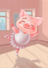 Cute Pig Ballerina in Dance Class. Poster, Postcard, T-shirt Composition. Hand Drawn illustration for Print. 