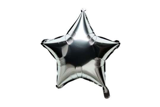 Silver star shaped foil balloon isolated on transparent background. Silver star helium balloon isolated on white background.