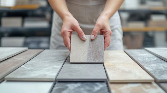 A person's hands examining a small, square tile among a selection of stone samples