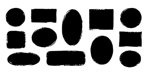 Brush frame rough rectangle box shape set. Text box frame rough grunge square, oval paint shape element. Hand drawn texture grunge brush rectangle, circle round text border. Vector illustration