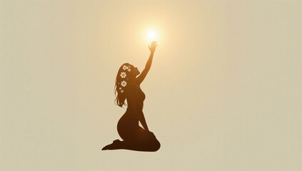 Silhouette of woman kneeling with flowers in hair reaching for sun on minimalist warm background