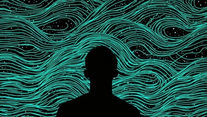 Silhouette of person against abstract futuristic neon lines and digital wave pattern for technology and innovation concepts