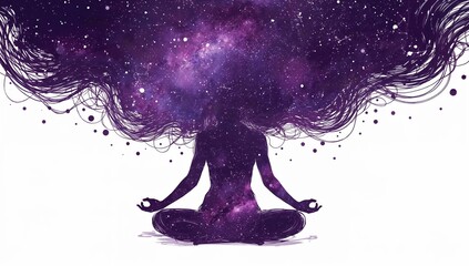 Cosmic meditation woman with galaxy mind, abstract spiritual energy, universe silhouette, mindfulness, celestial meditation art