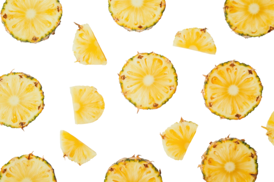Fresh pineapple slices and wedges isolated on transparent background. Slices and a half pineapple fruit isolated on white background.