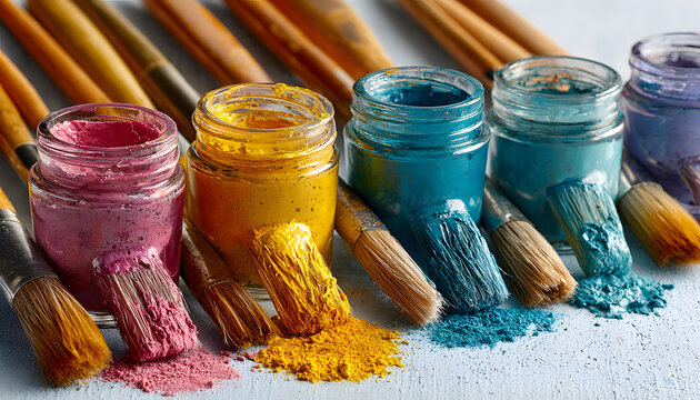 Art supplies like paint brushes, open jars of vibrant pink yellow, blue paint arranged on white background with colorful splashes. Creative flat lay suggests art classes workshops fun painting - Powered by Adobe