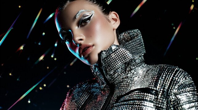 Futuristic fashion portrait with a model in a metallic silver jacket, dramatic makeup, and glittering eye shadow against a dark background with colorful light streaks