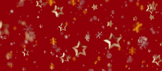 Christmas background with golden stars and snowflakes floating over a red backdrop, perfect for festive designs, holiday greetings, a